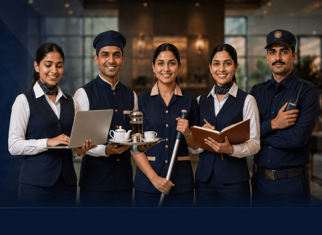Professional hospitality staff team in navy uniforms